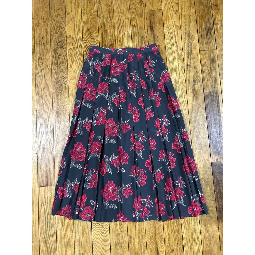Vintage Floral Pleated Maxi Skirt 8 Pink Red Flowers Gray Grunge Romantic Goth